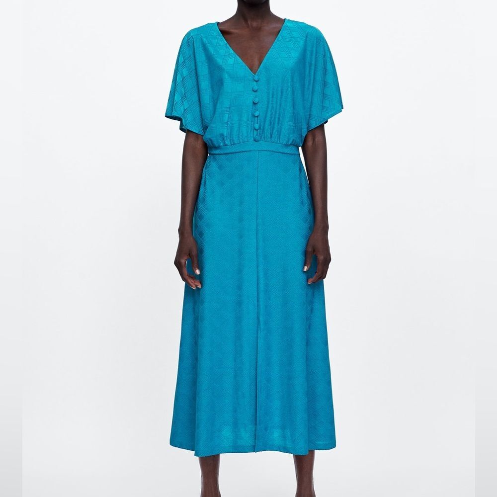 Zara Turquoise Jacquard Midi Dress Button Details Satin Teal Blue Size Small S